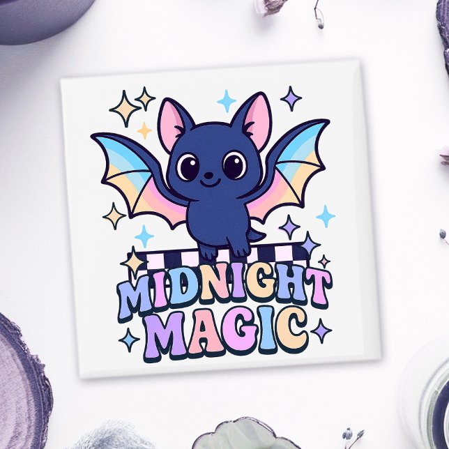 Íman Bat e Checkerboard do Cute do Halloween do Pastelc (The midnight magic kawaii bat design shines with retro pastel charm.)