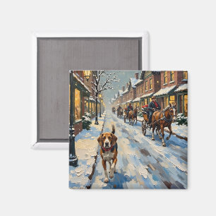 Íman Beagle Antigo em Rua Victoriana Nevada no Natal