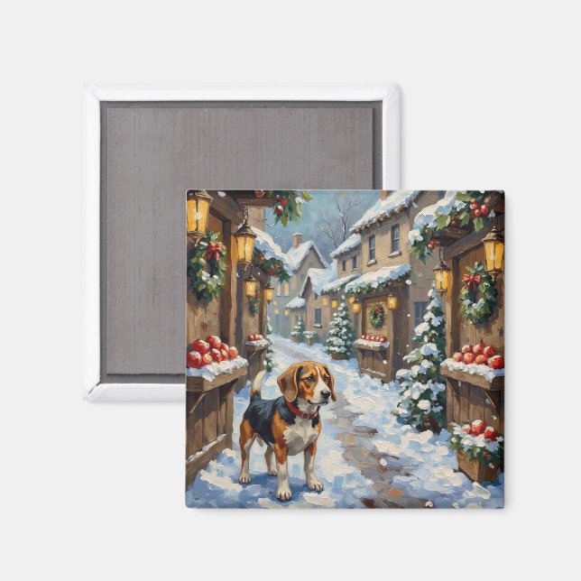 Íman Beagle Antigo no Mercado de Natal Nevado (Front/Back)