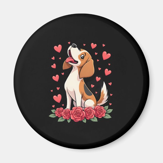 Íman Beagle Fofo com Rosas Vermelhas Corações Floral Di (Frente)