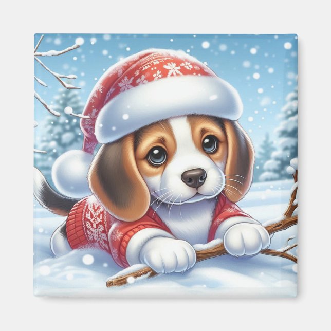 Íman Beagle Puppy em terno de natal apreciando a neve (Frente)