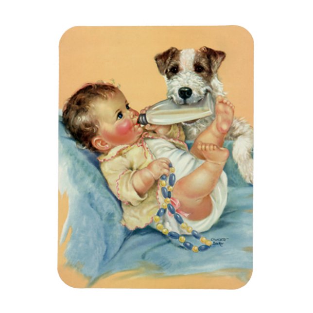 Íman Bebê Bonito Antigo com Mamadeira e Cachorro (Vertical)