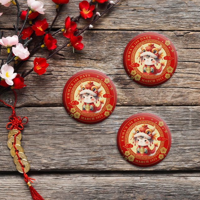 Íman Bebê Chinês Tradicional 100 Dias 百日 (Celebrate tradition with charm! Our round magnets feature vibrant 100 days motifs.)