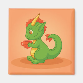 Íman Bebê Dragão Fofo Segurando Xícara em Laranja