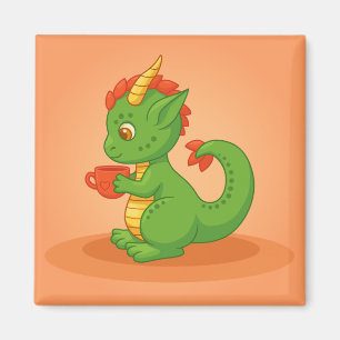 Íman Bebê Dragão Fofo Segurando Xícara em Laranja
