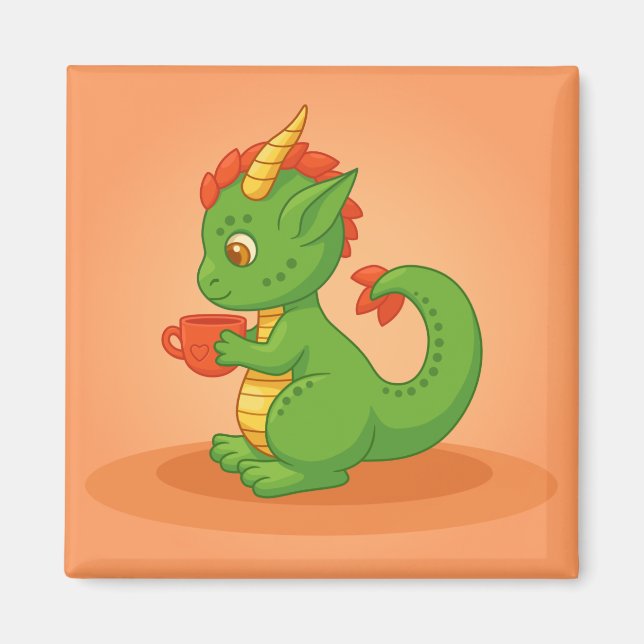 Íman Bebê Dragão Fofo Segurando Xícara em Laranja (Frente)