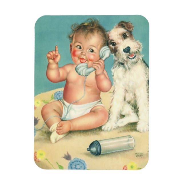 Íman Bebê Fofo Antigo Falando no Telefone Cachorrinho (Vertical)