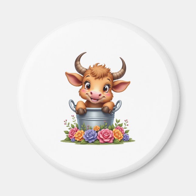 Íman Bebê Fofo Vaca Highland Com flores Bezerro Animal  (Frente)