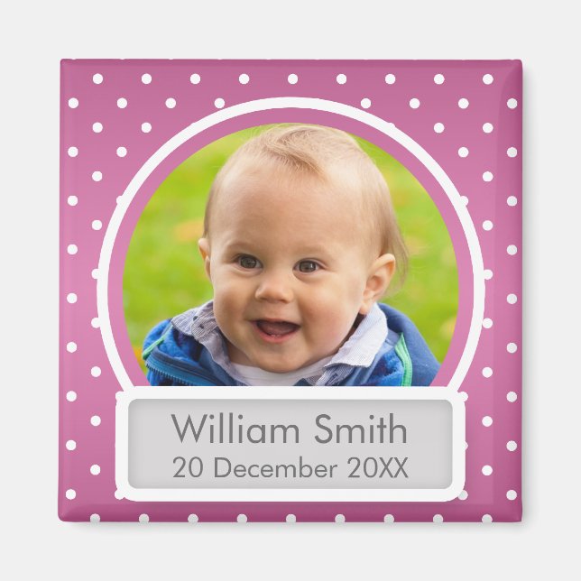 Íman Bebê Foto com Nome e Data Bolinhas Rosa (Frente)