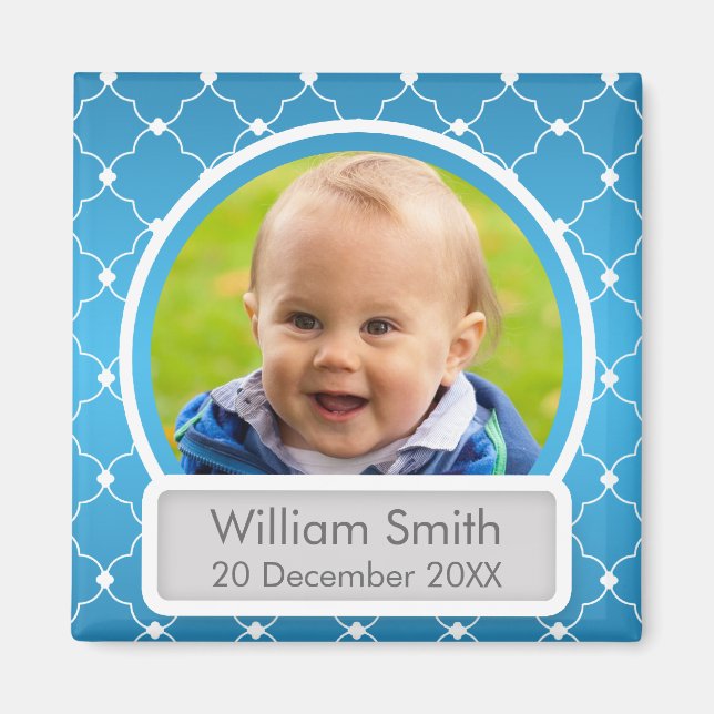 Íman Bebê Foto com Nome e Data Quatrefoil Azul (Frente)