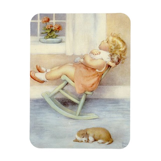 Íman Bebê Menina Rosa Vestida Fritante Cadeira (Vertical)