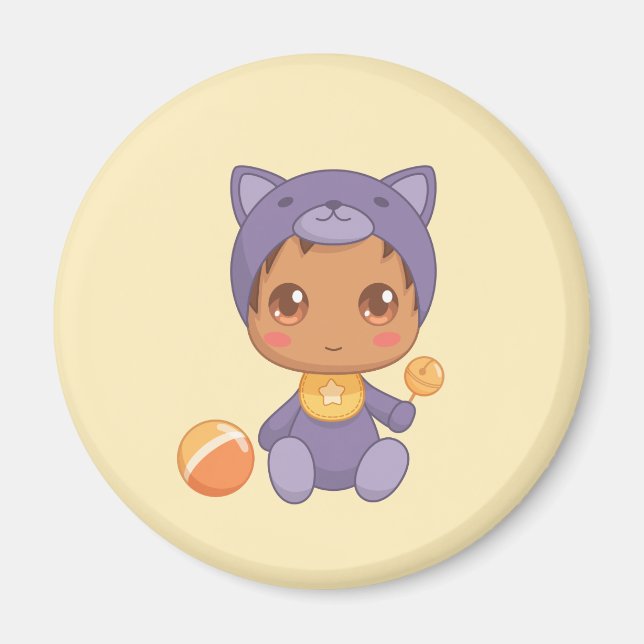 Íman Bebê Menina Roxo Boneco Fato De Gato Amarelo (Frente)