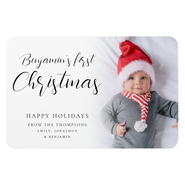 Íman Bebê Primeiro Natal Foto Caligrafia Personalizada  (Horizontal)