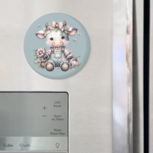 Íman Bebê Vaca Fofo com Macacão e Flores em Tons Pastéi