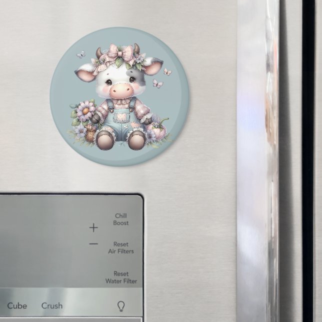 Íman Bebê Vaca Fofo com Macacão e Flores em Tons Pastéi (In Situ (Fridge))