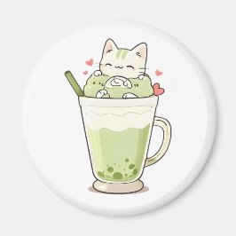 Íman Bebida de Matcha com Boba de Gato Fofo Design Kawa
