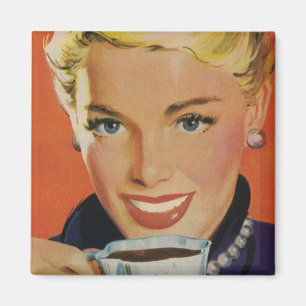 Íman Bebidas Vintage, Mulher Feliz com Café