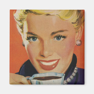 Íman Bebidas Vintage, Mulher Feliz com Xícara de Café