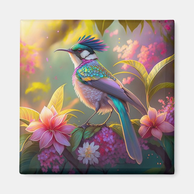 Íman Beija-flor Fantasia com Asas de Arco-íris e Crista (Frente)