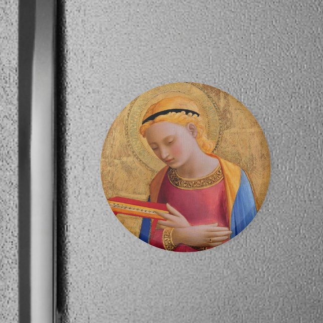 Íman Bela Vintage Cristã Angel Santa (Holy Angel Christian figure holy book golden halo in pink dress on round magnet.)