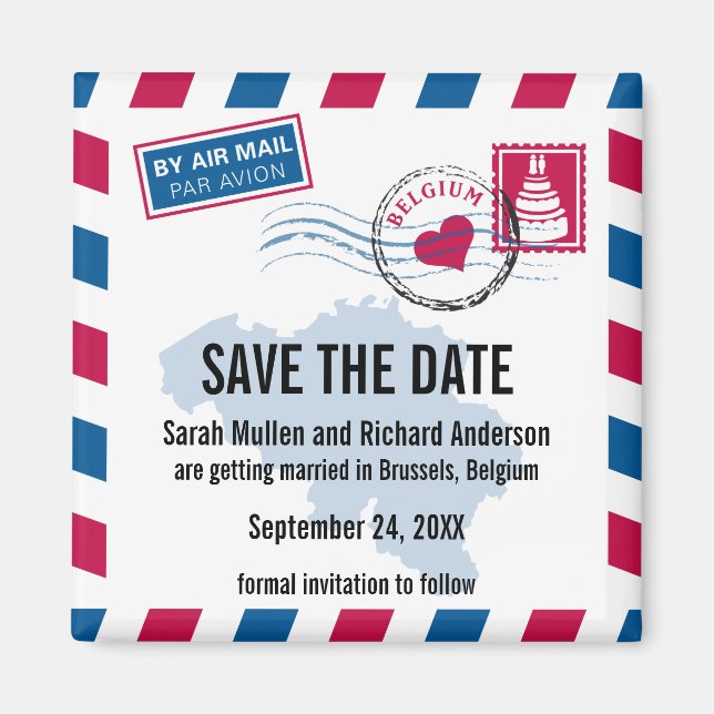 Íman Bélgica Air Mail Wedding Save the Date (Salvem a d (Frente)