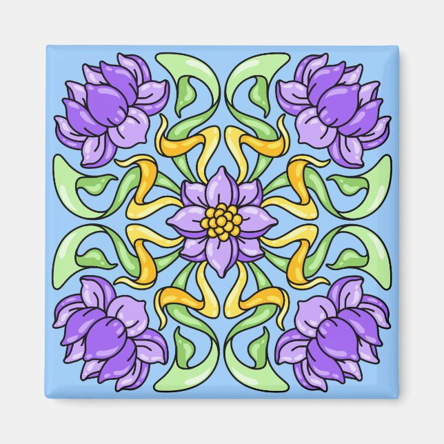 Íman Belo azulejo de Arte Nouveau com flores roxas (Frente)