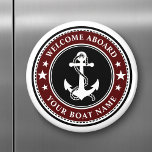 Íman Bem-vindo a bordo do seu nome de barco Anchor Star<br><div class="desc">Um ímã na moda preto, branco e vermelho profundo, com ancoragem de barco náutico personalizada com estrelas sobre o qual você personalizou o texto "Bem-vindo a bordo" e o seu nome de barco ou outro texto desejado. Personalize-os com sua cor de fundo favorita e muito mais. Faz um presente excelente...</div>