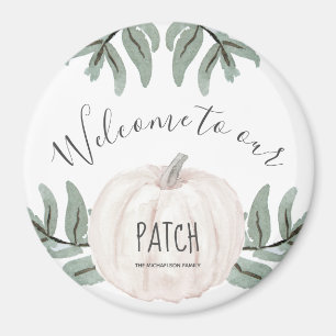 Íman Bem-vindo ao nosso Patch com Nome e Autumn Pumpkin