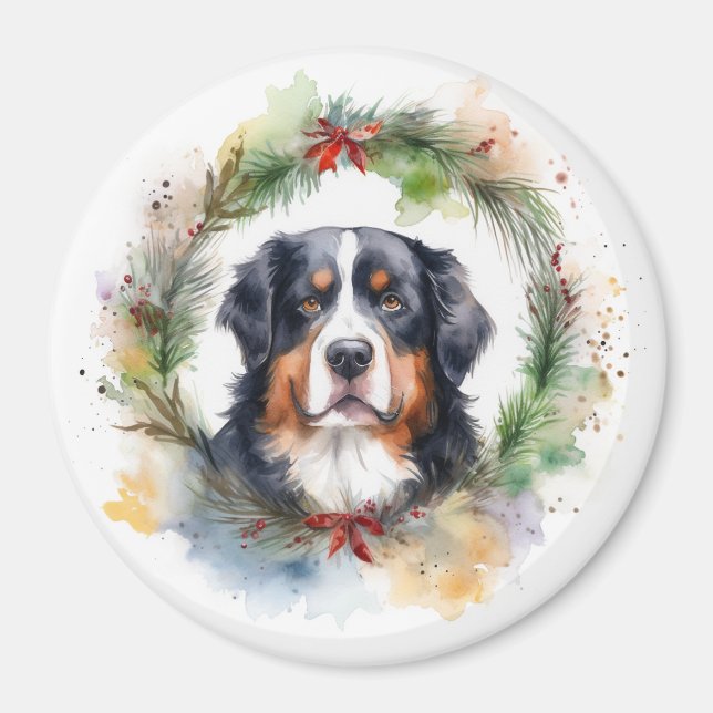 Íman Bernese Mountain Christmas Wreath Festivo (Frente)