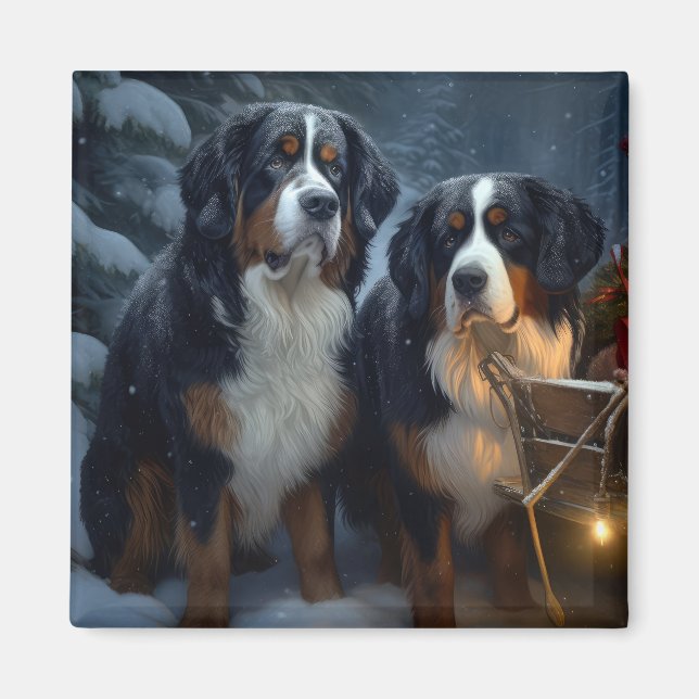 Íman Bernese Mountain Snowy Sleigh Decência de Natal (Frente)