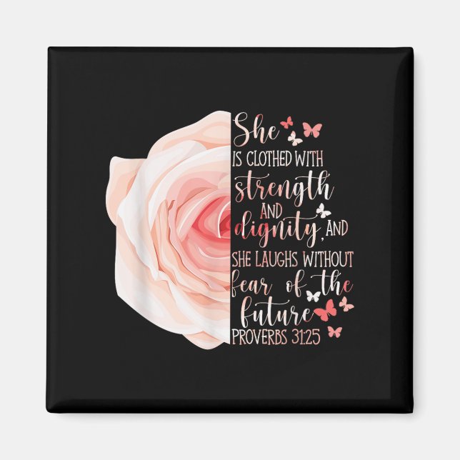 Íman Bíblia Cristã Verse Proverbs 31_25 Flor Rosa (Frente)