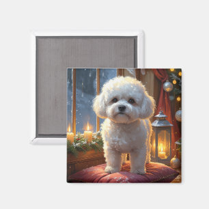 Íman Bichon Frise Com Luzes de Natal Feriado