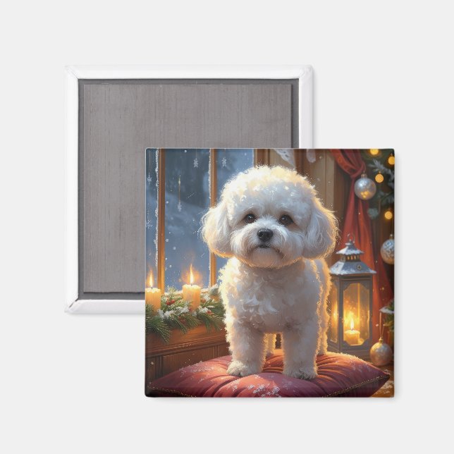 Íman Bichon Frise Com Luzes de Natal Feriado (Front/Back)