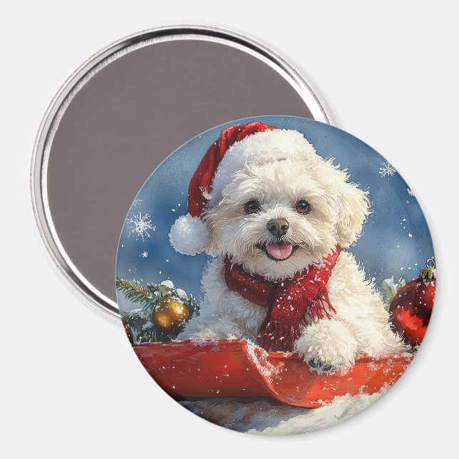 Íman Bichon Frise Dog Sledge Deixe-o nevar no Natal (Front/Back)
