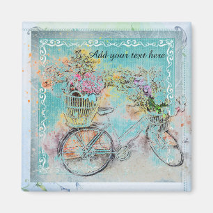 Íman Bicicleta com cestos de flores em burlap azuis
