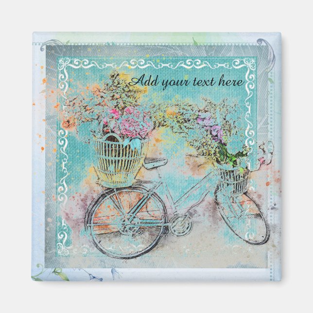 Íman Bicicleta com cestos de flores em burlap azul (Frente)