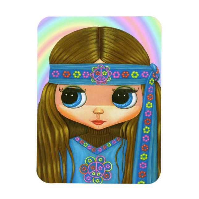 Íman Big Eye Hippie Girl Sign Flower Power anos 60 (Vertical)