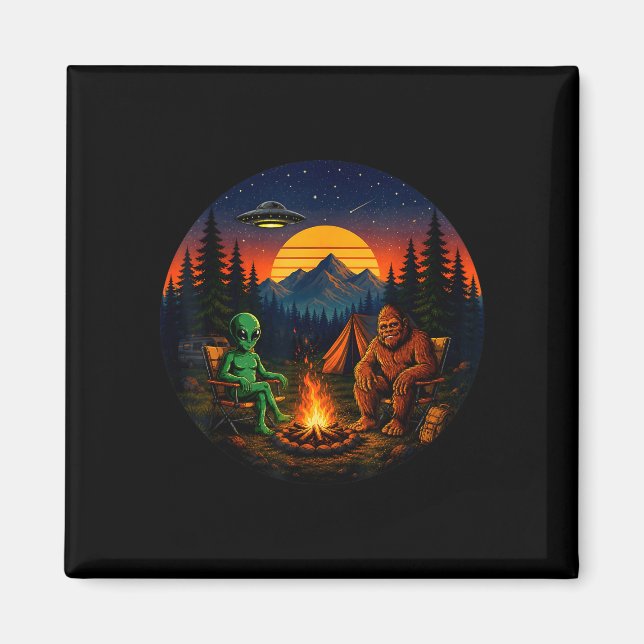 Íman Bigfoot alien engraçado acampamento retrô ufo fogu (Frente)