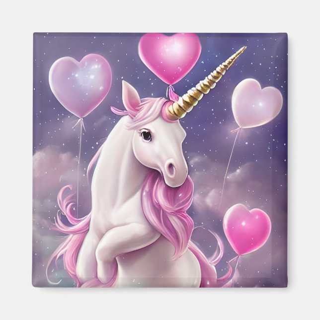 Íman Birthday Girl Fantasy Unicorn com Balões Rosa (Frente)