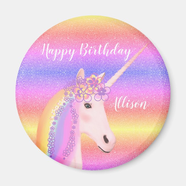 Íman Birthday Unicorn Pastel Rainbow Glitter Name (Frente)