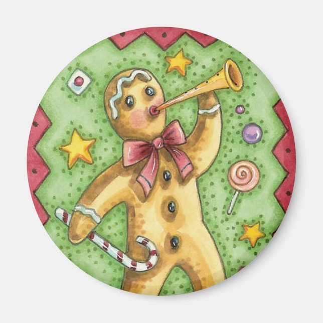 Íman Biscoito de Gengibre Fofo Tocando Chifre, Doce de  (Frente)