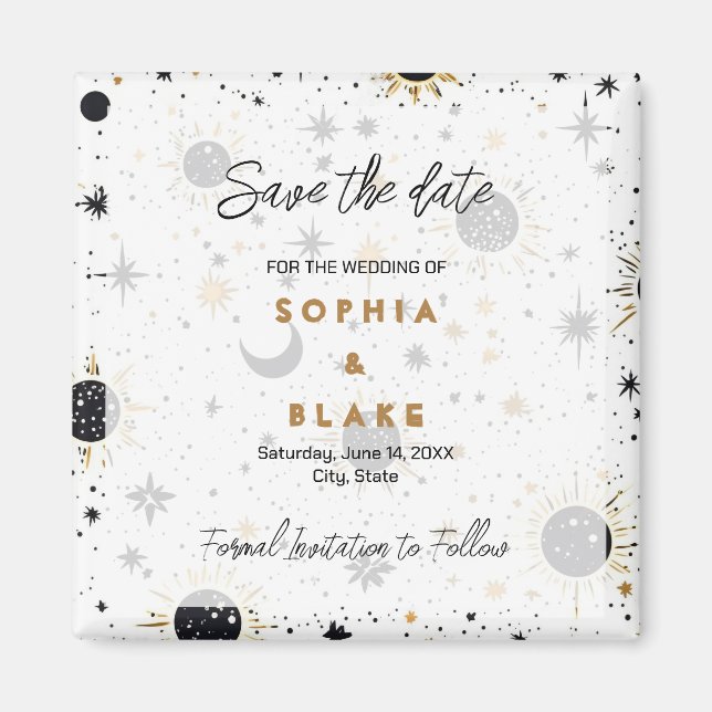 Íman Black and Gold Celestial Wedding Save the Date (Frente)