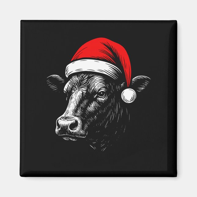 Íman Black Angus Rancher Christmas Cow Santa Hat Farmer (Frente)