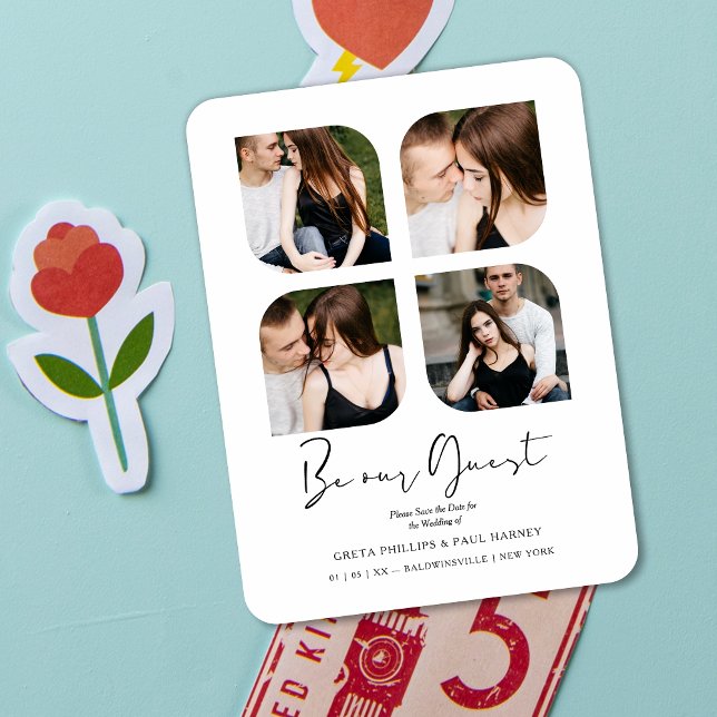Íman Black Be our Guest Clover Collage 4 Fotos Casament (White Be our Guest Quote Clover Collage 4 Photos Wedding Save the Date Magnet. )