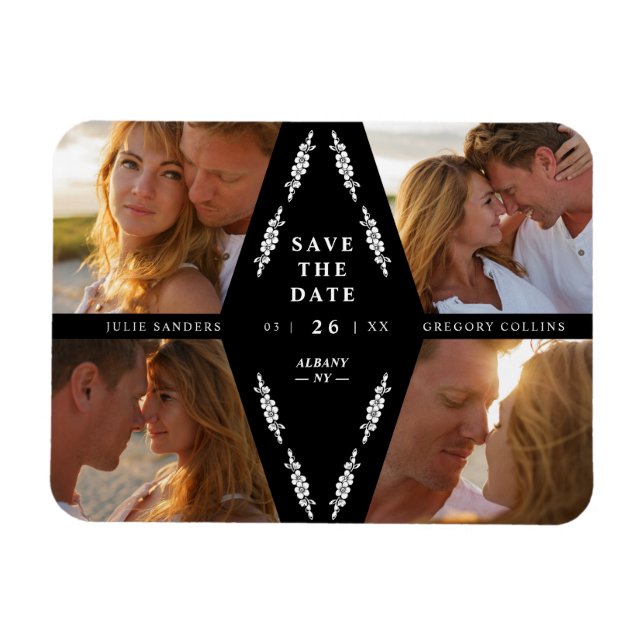 Íman Black Botanical Modern Collage 4 Photos Wedding (Horizontal)