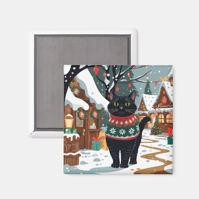 Íman Black Cat Christmas Snow Holiday (Front/Back)