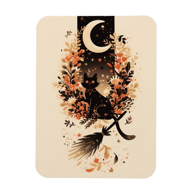 Íman Black Cat on Witch’s Broom Under the Moon (Vertical)