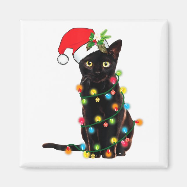 Íman Black Cat Santa Tangled Up In Christmas Lights  (Frente)