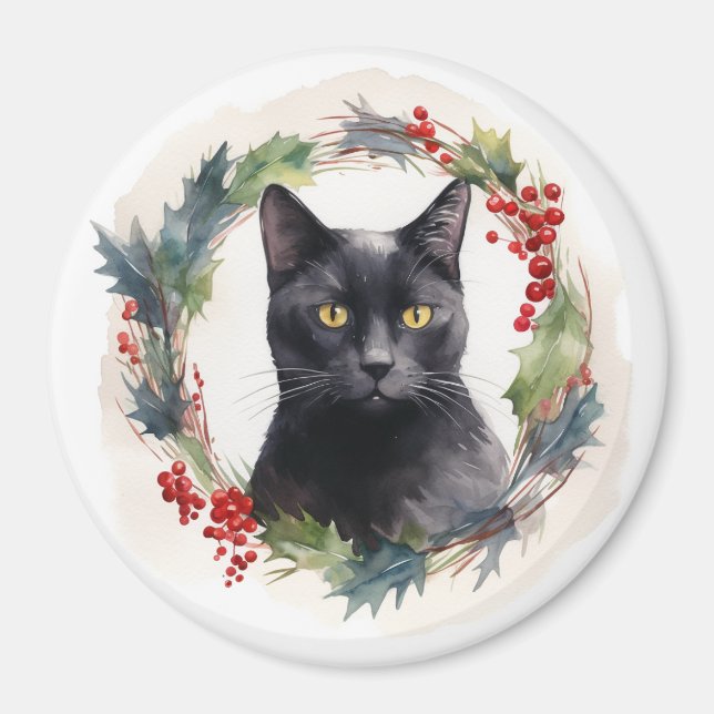 Íman Black Cat Wreath Festivo Kitten (Frente)