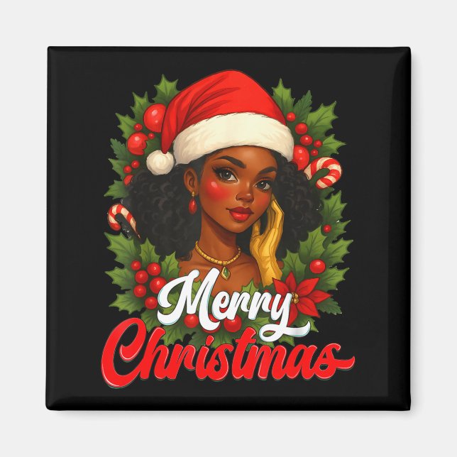 Íman Black Girl Santa Hat Merry Christmas Pajama Africa (Frente)